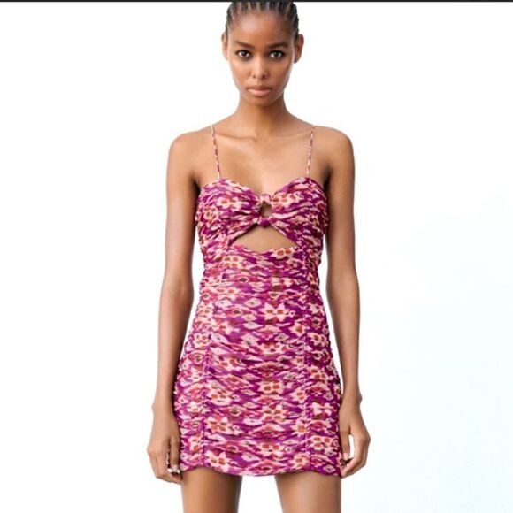 ZARA PURPLE PRINTED CUT OUT KNOTTED MINI DRESS - Picture 3 of 6
